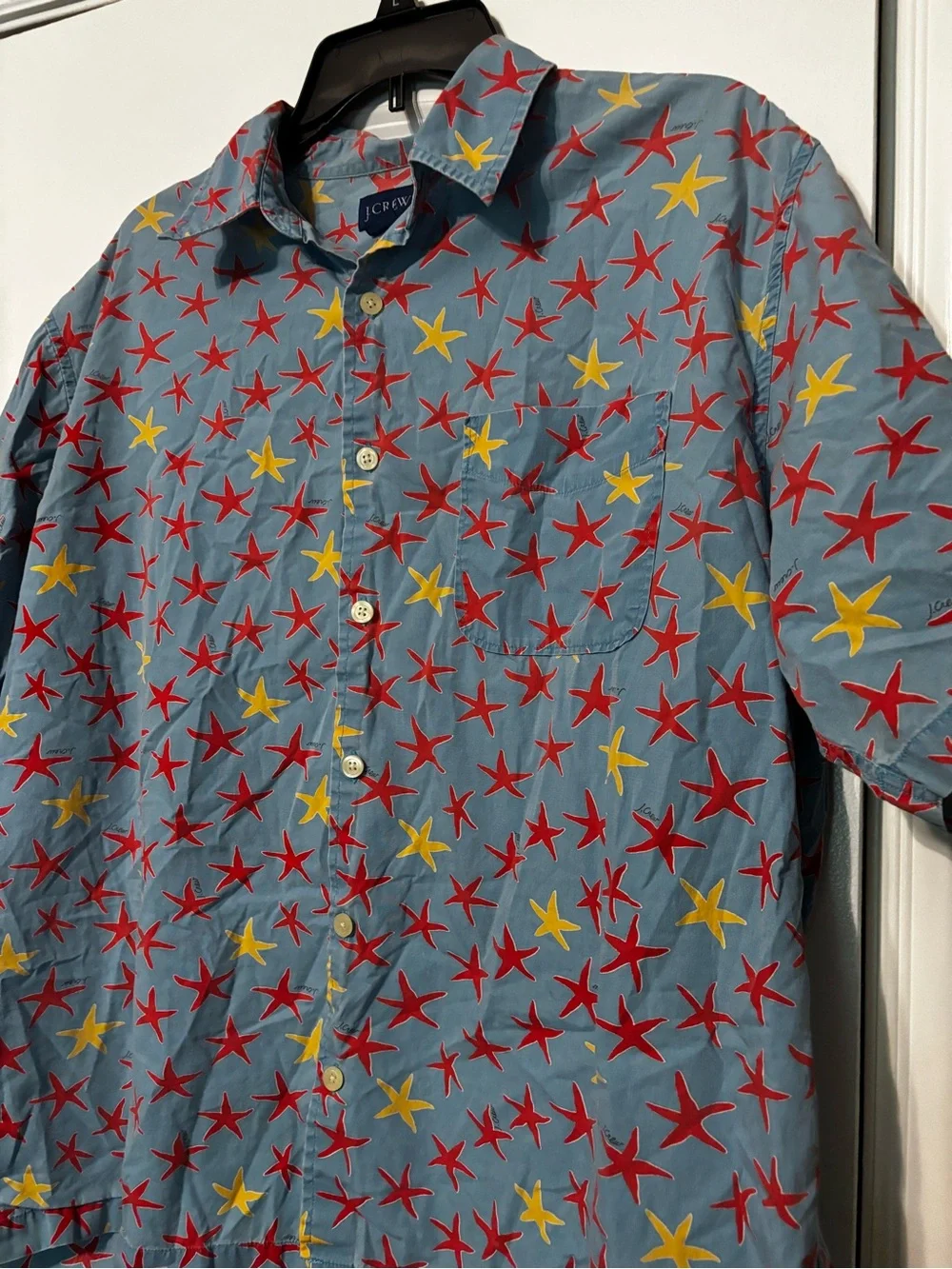 J. Crew Light Blue Short Sleeve Button-Down Shirt with Red & Yellow Star Print L